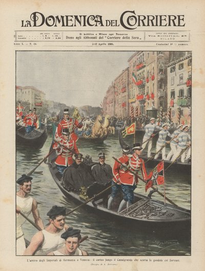 De aankomst van de Duitse keizerlijke familie in Venetië, de stoet langs het Canal Grande die de gondels met de vorsten begeleidt door Achille Beltrame